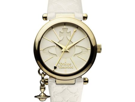 Vivienne Westwood Orb II Watch White Leather Strap Gold Case With Charm For Cheap