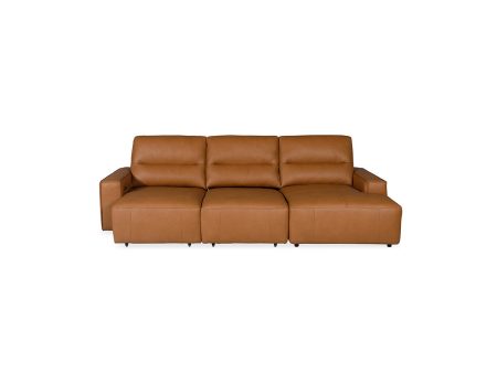 SOFA SECCIONAL RECLINABLE ELECTRICO CON FRENTE DE PIEL CAMEL For Sale