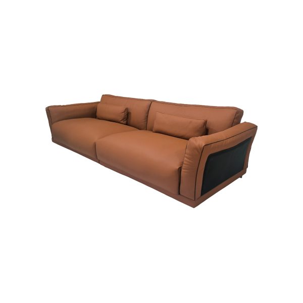 SOFA ESTACIONARIO DE TRES ASIENTOS CON FRENTE DE PIEL MARRON Online