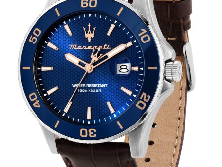 Maserati Competizione 43mm Blue Dial Brown Leather Strap Watch Cheap