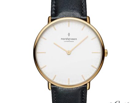 Nordgreen Native 40mm Yellow Gold Case Black Leather Watch Fashion