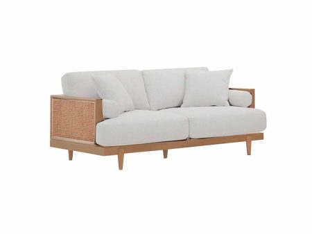 SOFA ESTACIONARIO DE DOS ASIENTOS EN TELA BLANCA ACABADO DE MADERA Y PAJILLA Hot on Sale