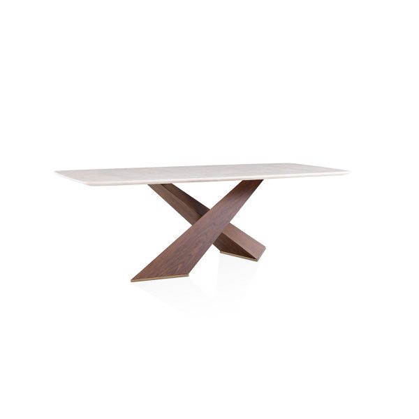 MESA DE COMEDOR CON TOPE ESTILO MARMOL Y BASE EN ACABADO MADERA Online now