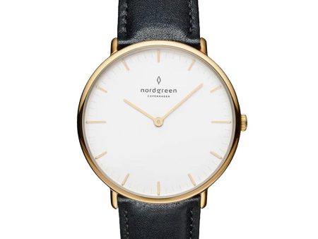 Nordgreen Native 36mm Yellow Gold Case Black Leather Strap Watch Online Hot Sale