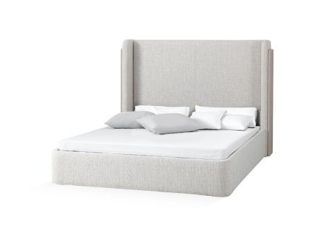 CAMA QUEEN EN TELA BEIGE Y ACABADO MADERA CREMA Hot on Sale