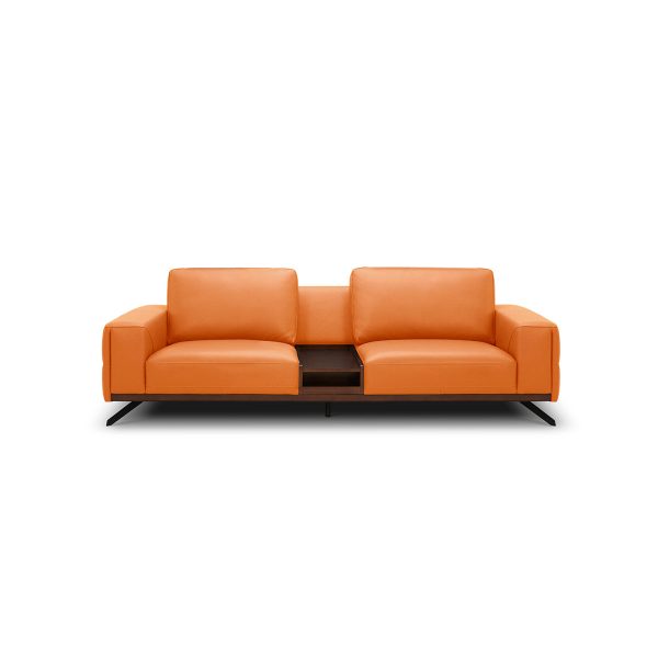 SOFA DE TRES ASIENTOS EUSTON II CON FRENTE DE PIEL NARANJA CON TABLERO For Cheap