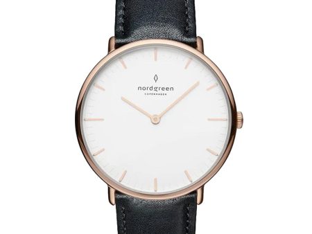 Nordgreen Native 36mm Rose Gold Case Black Leather Watch Supply