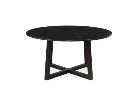 MESA DE COMEDOR REDONDA CON TOPE ESTILO MARMOL Y BASE NEGRA For Sale