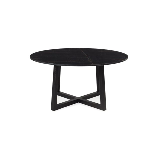 MESA DE COMEDOR REDONDA CON TOPE ESTILO MARMOL Y BASE NEGRA For Sale