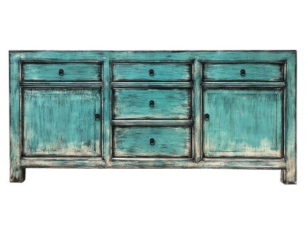 CREDENZA DE DOS PUERTAS Y CINCO GAVETAS EN MADERA VERDE AZULADO BRILLANTE Online