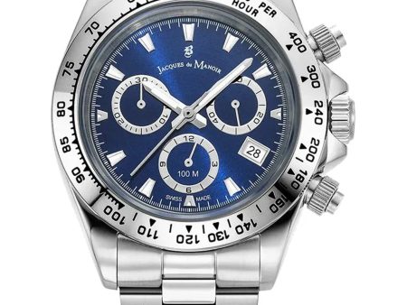 Jacques Du Manoir Swiss Phoenix Chrono 40mm 100m Water Resistant Blue Dial Stainless Steel Strap Watch Sale