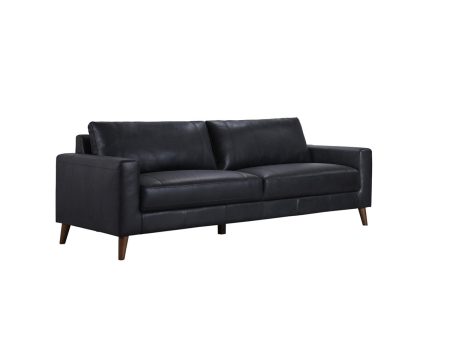 SOFA DE 3 ASIENTOS EN FRENTE DE PIEL NEGRA Y PATAS MARRONES Cheap