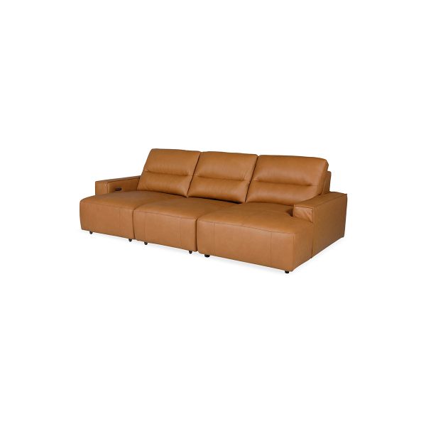 SOFA SECCIONAL RECLINABLE ELECTRICO CON FRENTE DE PIEL CAMEL For Sale