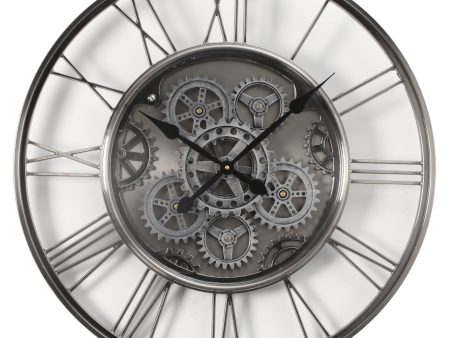 Iron 2 Round Industrial Moving Cogs Wall Clock - Silver Wash Hot on Sale